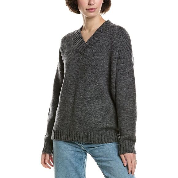 Frame Denim Womens  Chunky V-Neck Wool & Cashmere-Blend Sweater, Grey - Picture 1 of 3